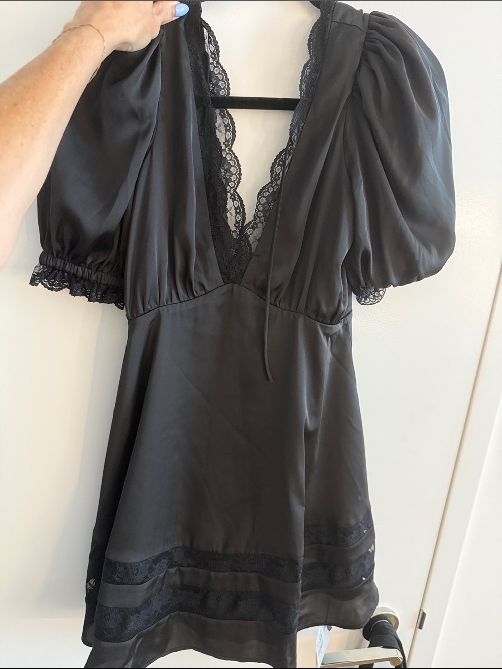 MAJORELLE Black Lace-Trim Satin Chemise